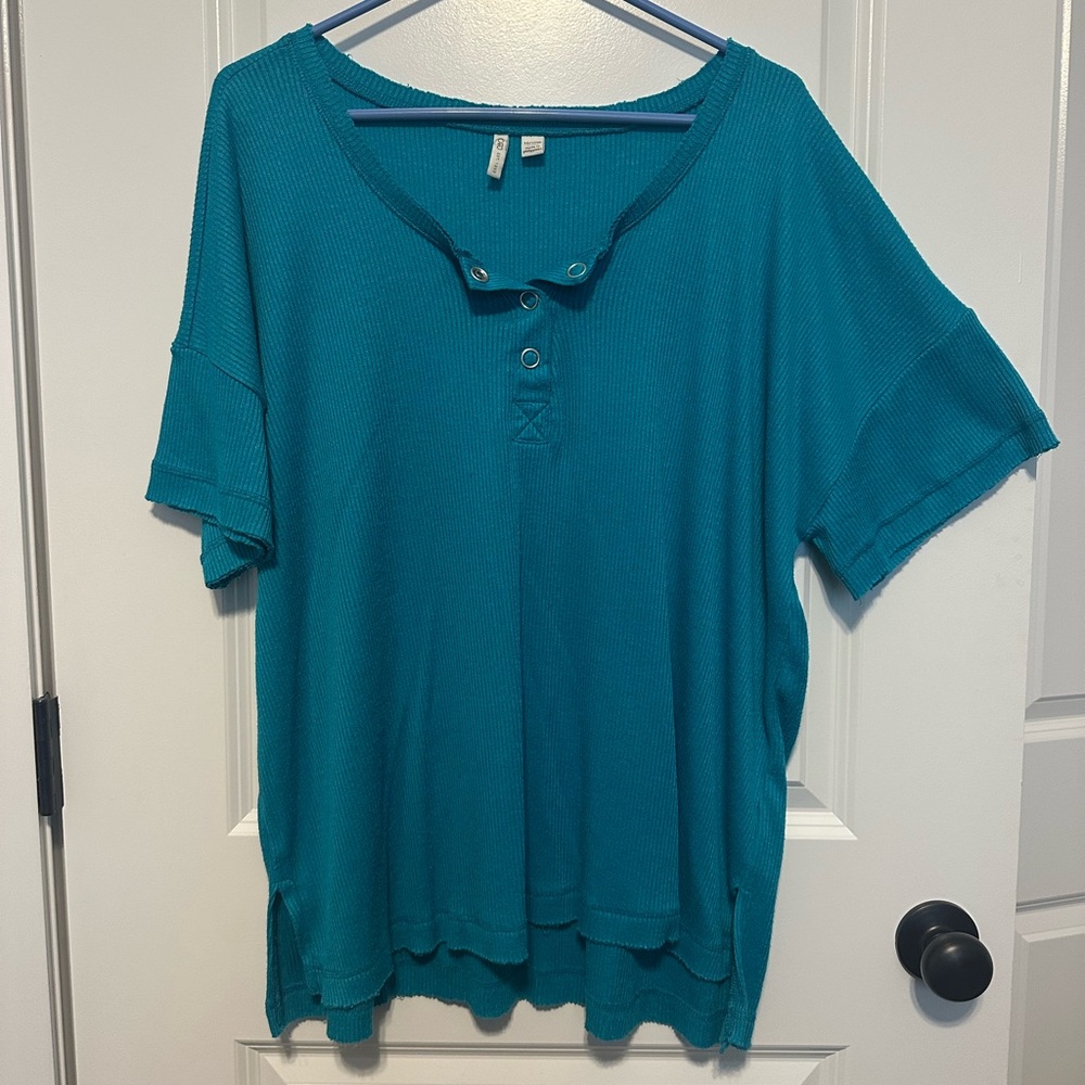 Cato Blue Relaxed Buttoned Ribbed T-Shirt